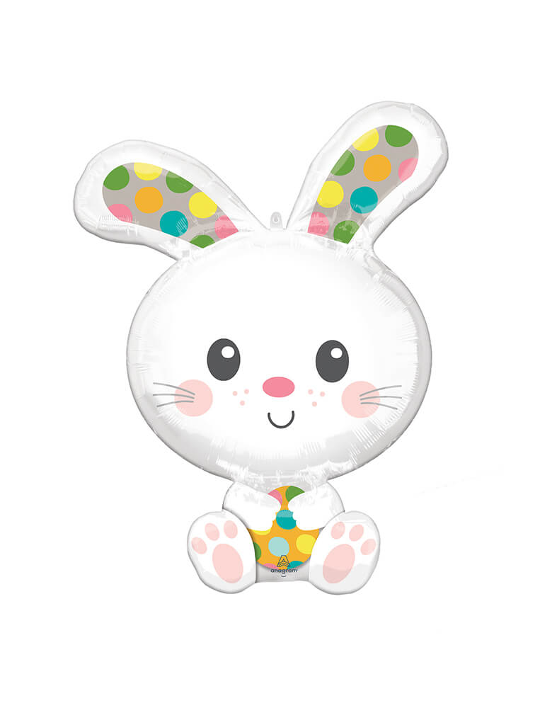 Anagram Balloons - 42353 Spotted Bunny SuperShape™ XL® P35. This 29 inches Spotted Bunny Foil Balloon, Featuring a cute sitting white bunny holding a polka dots pattern easter egg and with colorful polka dots pattern on it ears, Celebrate Easter with this cute spotted Easter bunny foil balloon. 