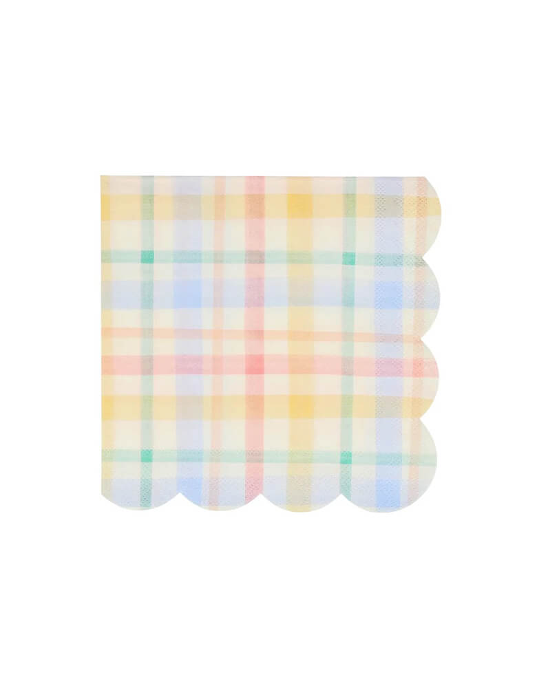 Momo Party's 6.5" x 6.5" plaid patterned large napkins by Meri Meri, featuring scalloped borders and plaid design in soft pastel colors, they add a touch of nostalgia to your party napkins with these vintage-inspired plaid designs. They are perfect for any celebration where you want soft muted shades - ideal for baby showers and birthday parties. These plaid patterned napkins make a perfect addition to any spring party too!