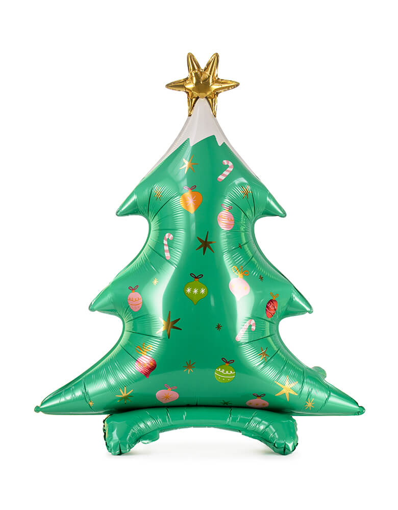Party Deco - Standing Christmas Tree Foil Balloon. This 37 inches adorable standing Christmas tree in matte finishing with gold satin print, a gold star on the top of the tree, with candy cane, ornaments graphic print, it is perfect for your Holiday celebration.