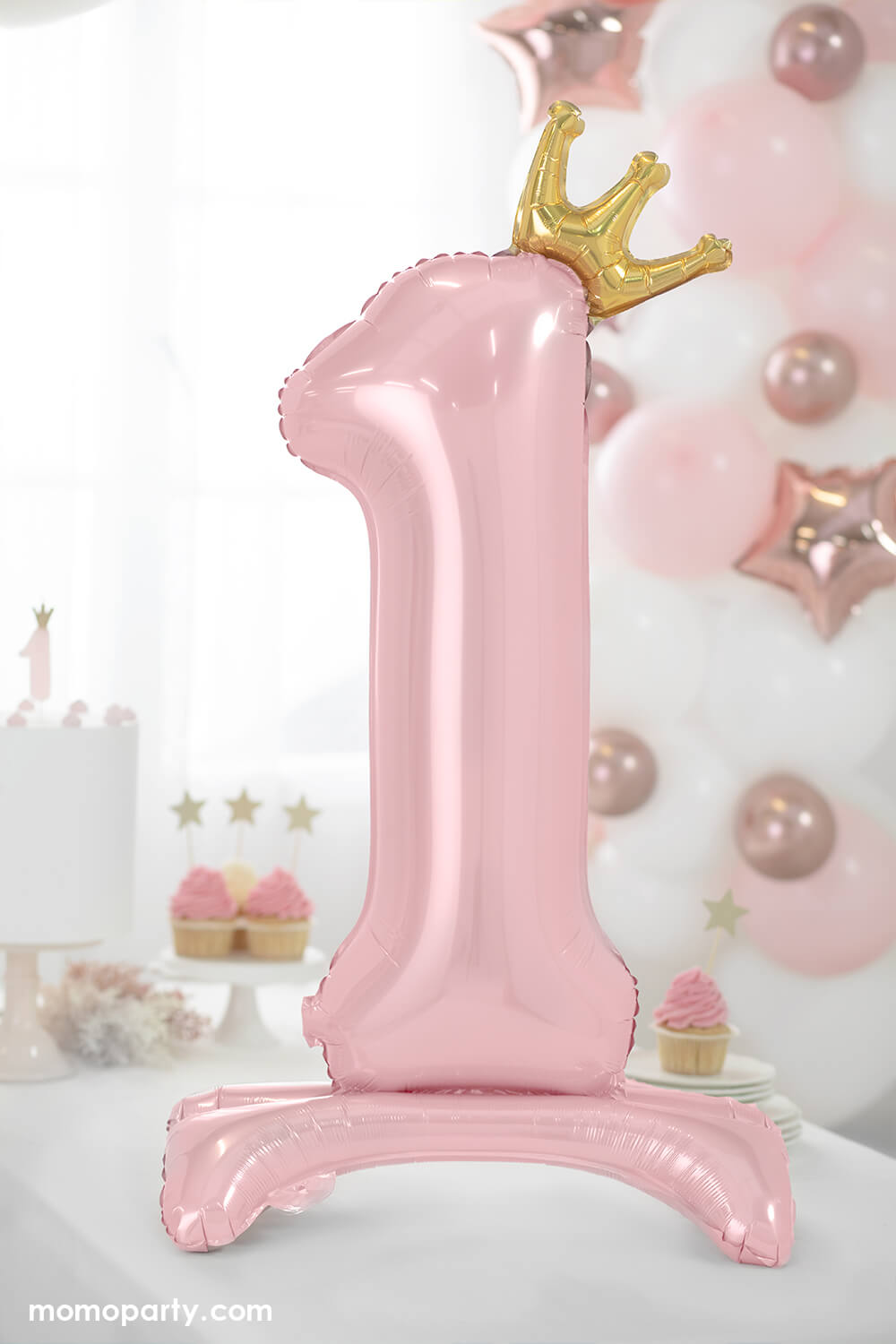 girl's first birthday with Standing Number 1 Pastel Pink Foil Balloon by Party Deco. This beautiful pastel pink number 1 standing foil balloon with a little crown is going to be a showstopper at your baby first birthday party! 
