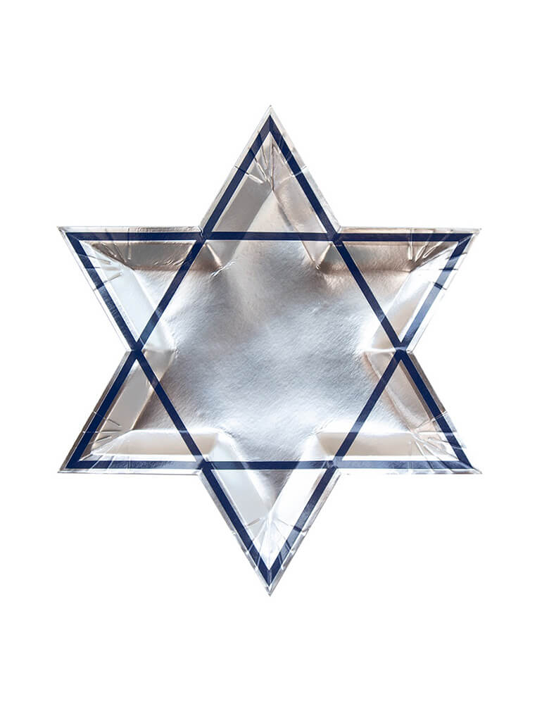 Momo Party's 11" star of David die cut plates by Jollity & Co., with silver foil and adorned with a blue star pattern, this plate is perfect for dinners, salads, and desserts at your Hanukkah celebration.