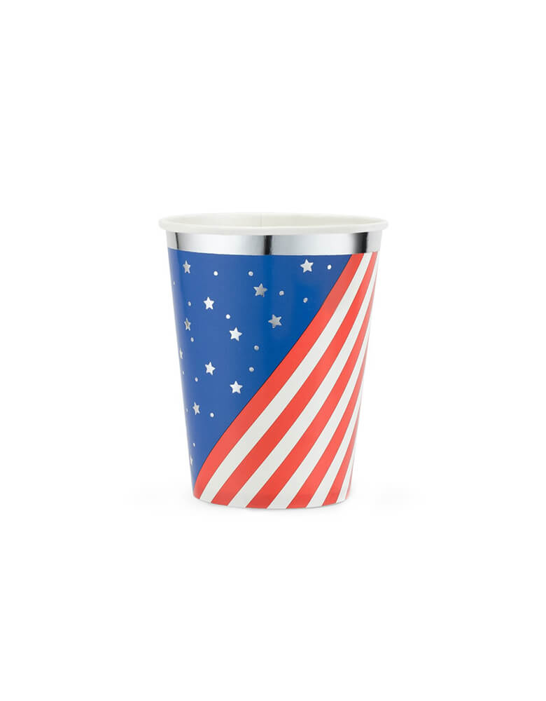 True Brands Cakewalk Party - Stars & Stripes Party Cups. Pack of 8. These paper cups feature a red and white stripes, and blue with stars pattern with silver details. Sip your favorite beverages with American pride at your barbeque using Patriotic Cups!