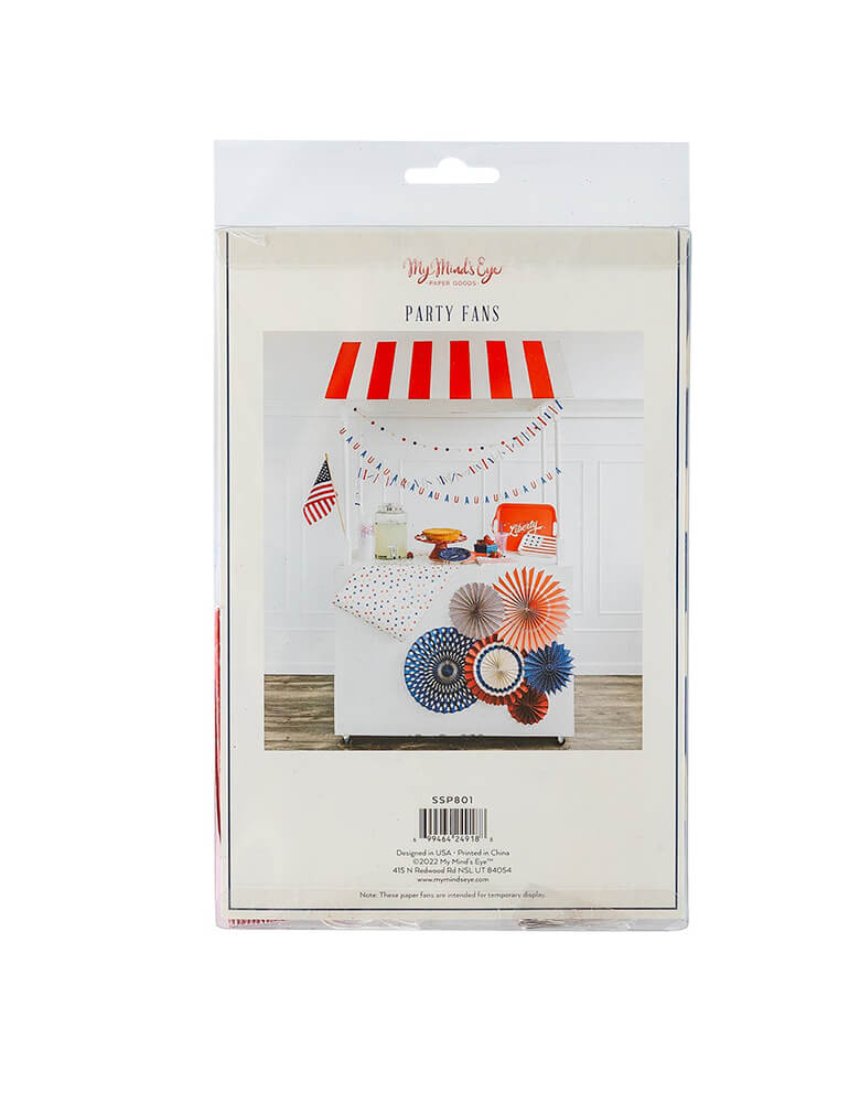 Clear package back design of SSP801 Stars & Stripes Party Fans by My Minds Eye in the clear package. Be the hit of the Independence Day Parade with these red, cream, and blue party fans with red glitter accents. Set of 6 fans pictured: 1 - 17", 2 -14", 2 - 11" and 1 - 8" fan with Double-sided print, Red glitter accents, 3 decorative face plates