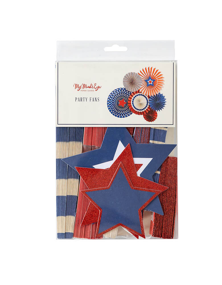 SSP801 Stars & Stripes Party Fans by My Minds Eye in the clear package. Be the hit of the Independence Day Parade with these red, cream, and blue party fans with red glitter accents. Set of 6 fans pictured: 1 - 17", 2 -14", 2 - 11" and 1 - 8" fan with Double-sided print, Red glitter accents, 3 decorative face plates