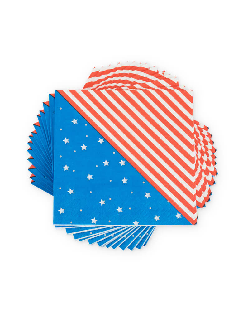 Stack of True brand Cakewalk party - Stars & Stripes Small Napkins. Featuring red and white stripes, blue with white stars pattern. Pair these napkins with other red, white, and blue tableware. They are perfect a 4th of July picnic basket or a backyard barbecue, Patriotic themed party.