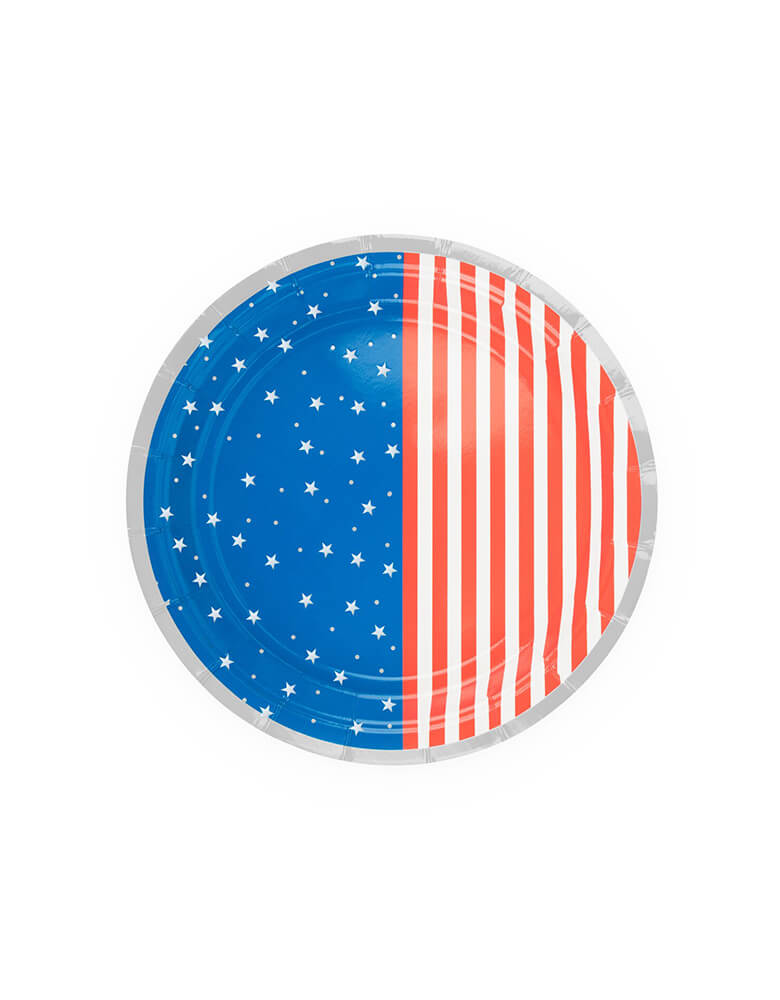 True brand Cakewalk party - Stars & Stripes Small Plates. Featuring red and white stripes, blue with white stars pattern with silver details. Use these plates to complete the rest of the star-spangled tableware for your July 4th party!