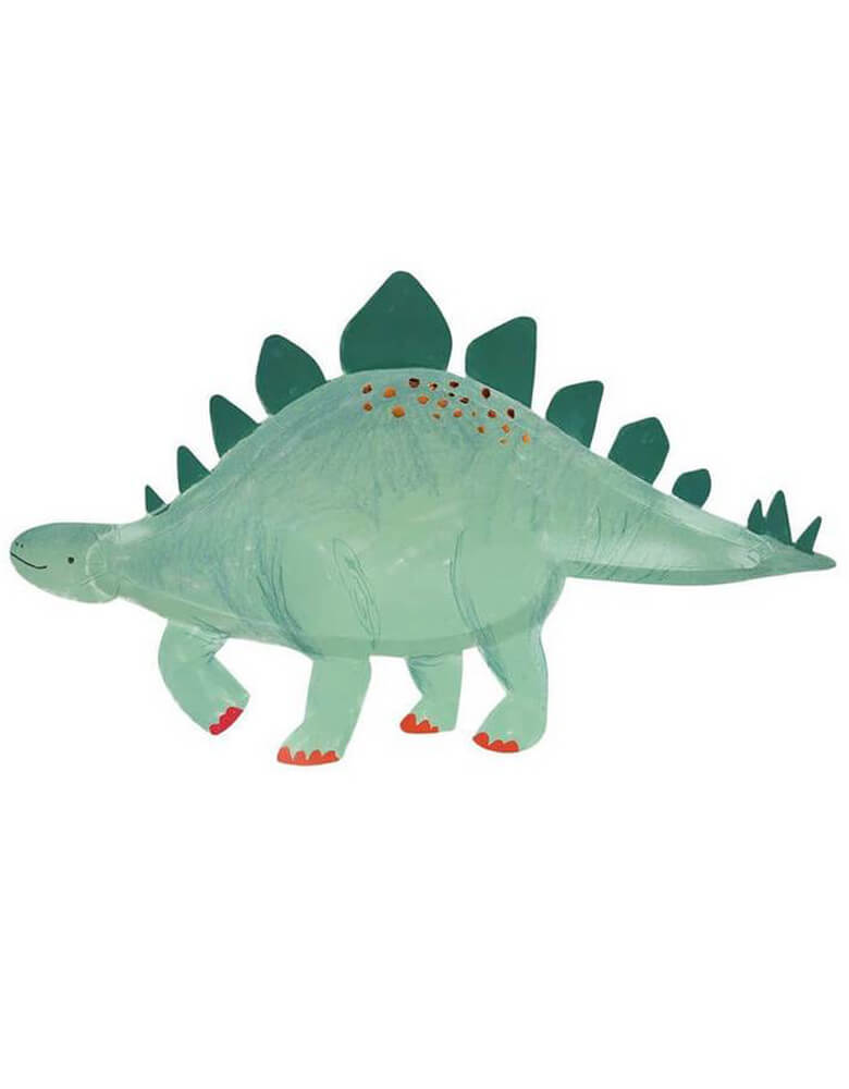 Meri Meri Stegosaurus Platters in Green bright color and copper foil details, pack of 4 platters, perfect to display Jurassic treats at your dinosaur party