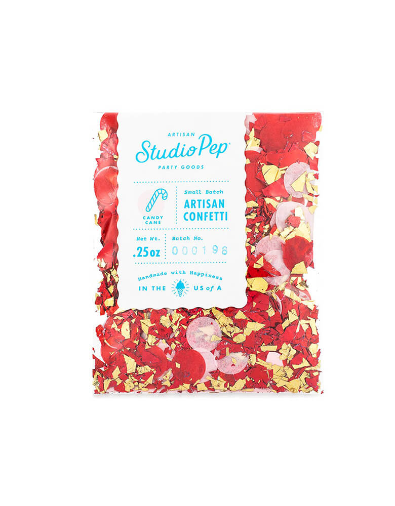 Studio Pep Holiday Christmas Candy Cane Artisan Confetti Mini Bag in dark red, red, pink and gold shreds
