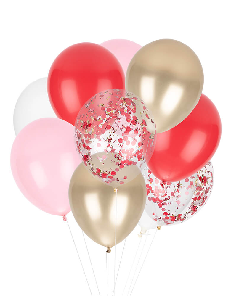 StudioPep Candy Cane Classic Balloon Mix. This mix latex set include 12 balloons with 9 solid colored balloons in red, pink, white and gold + 3 pre-filled confetti balloons. is perfect for your Holiday celebration, Candy Cane Party