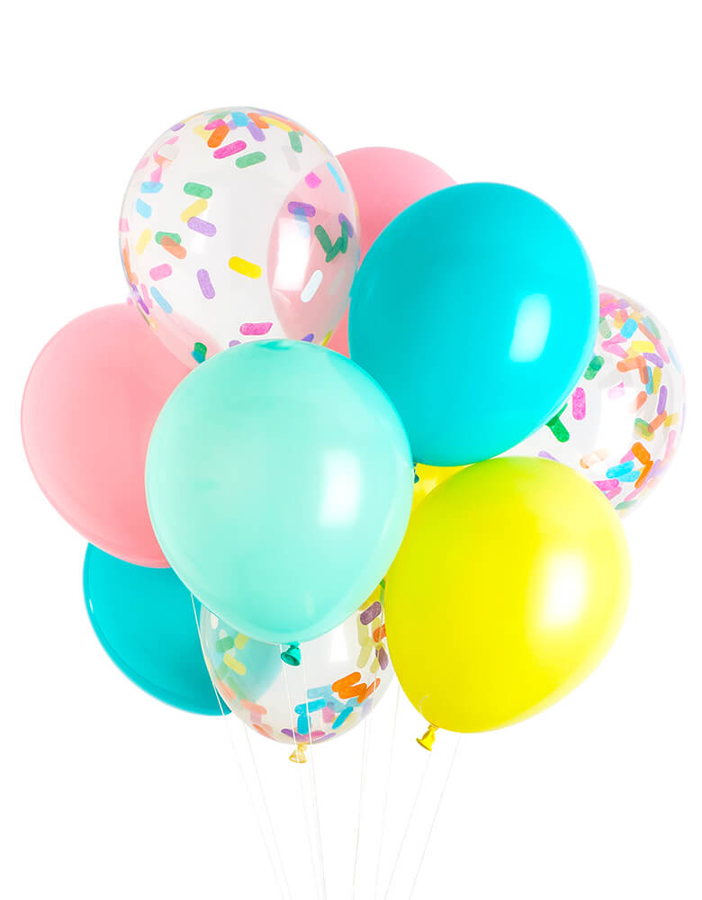 Studiopep Ice Cream Classic Balloon Mix Set of 12, box of twelve 11-inch balloons pre-filled with 9 solid colored balloons + 3 pre-filled sprinkles confetti balloons. Add this fun balloon bunch to your ice cream party!   