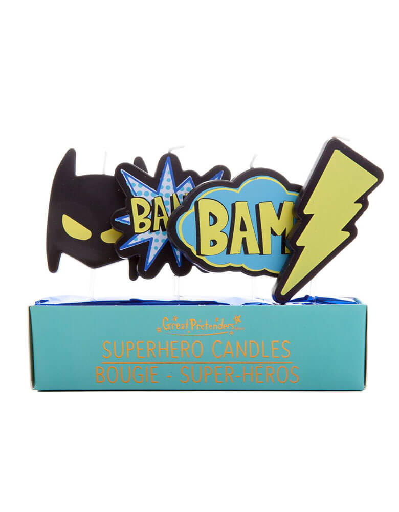 Great Pretenders - Superhero Candles. Set include a heroic mask, two comic action bubbles, and a lightning bolt shaped wax candle. These candles are a simple way to bring a cool factor to your cake. This assortment of candles is sure to illuminate the hero of the day's birthday cake.
