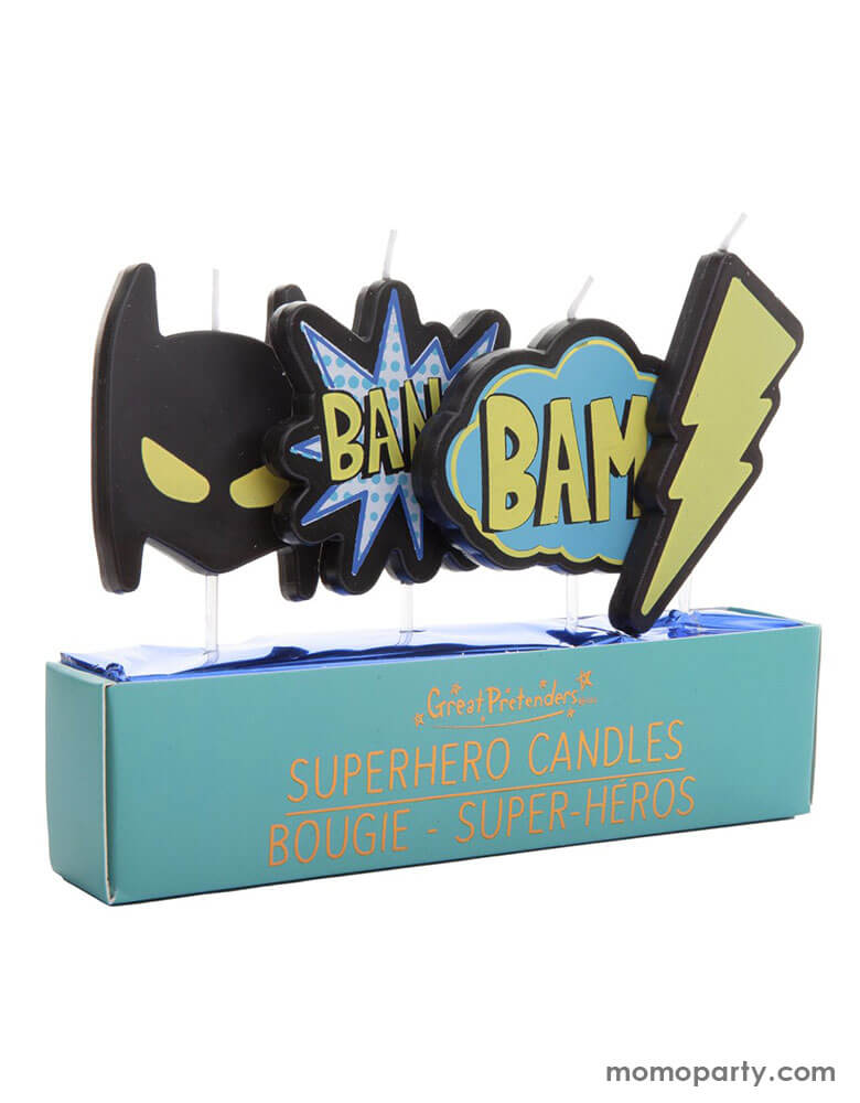 Side view of Great Pretenders - Superhero Candles. Set include a heroic mask, two comic action bubbles, and a lightning bolt shaped wax candle. These candles are a simple way to bring a cool factor to your cake. This assortment of candles is sure to illuminate the hero of the day's birthday cake.