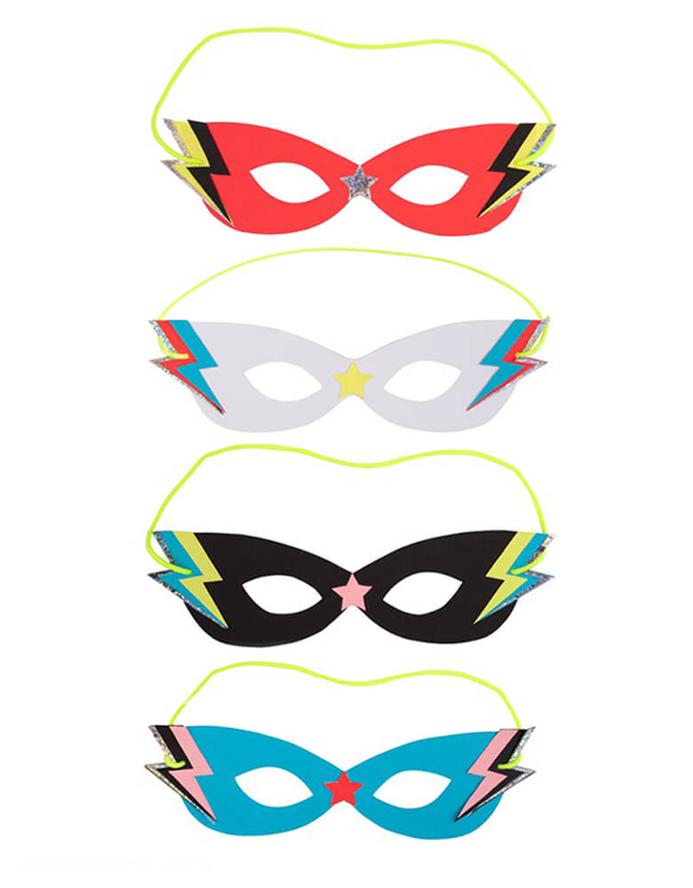 Meri meri Superhero Masks.  Party guests can instantly transform into superheroes with these fabulous masks. Featuring bright neon colors and sparkly silver holographic foil details, with lightning bolt on the side, and stars in the middle of the glasses design. They're great to pop into party bags too.