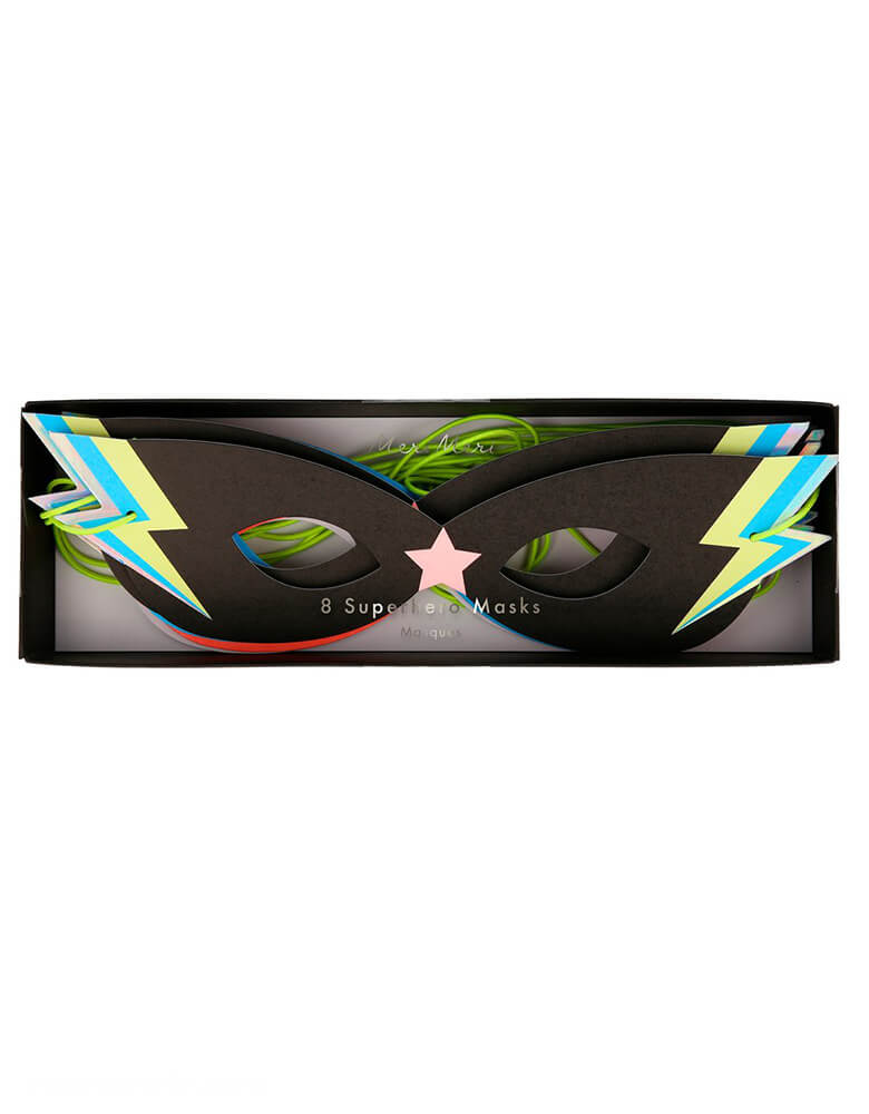 Meri meri Superhero Masks in the package. Party guests can instantly transform into superheroes with these fabulous masks. Featuring bright neon colors and sparkly silver holographic foil details, with lightning bolt on the side, and stars in the middle of the glasses design. They're great to pop into party bags too.