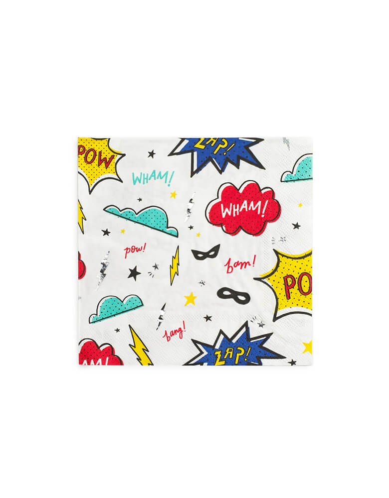 Daydream Society - Superhero Napkins. Feartung fun illustrations with superhero elements like Comic Superhero Word Cutouts Zap! Bang! Pow! black superhero masks, lighting blow, and stars in bold colors and silver foil-pressed elements, these napkins have superpowers!