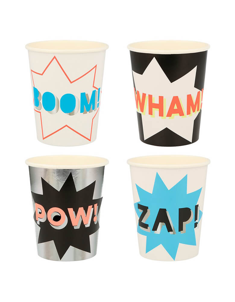 Meri Meri Superhero Party Cups. Make your party drinks look really super with these fabulous cups decorated with 4 design, in the comic word of 'Zap!', 'Wham!', 'Pow!' and 'Boom!', these modern designed party supplies are perfect for kids superhero themed birthday party.