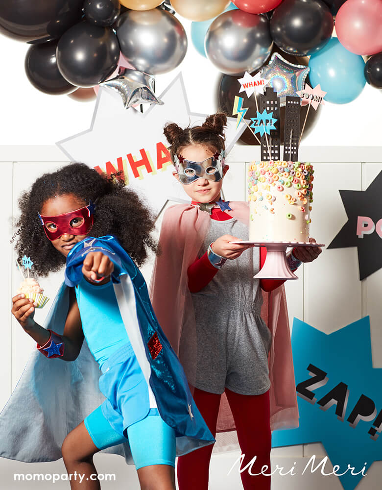 Super Hero Cake with MeriMeri Zap! Superhero Cake Toppers of Cosmic sign, lighting bolts and colorful superhero-themed headlines such as "Wowie Zowie," 'Kapow!" and more