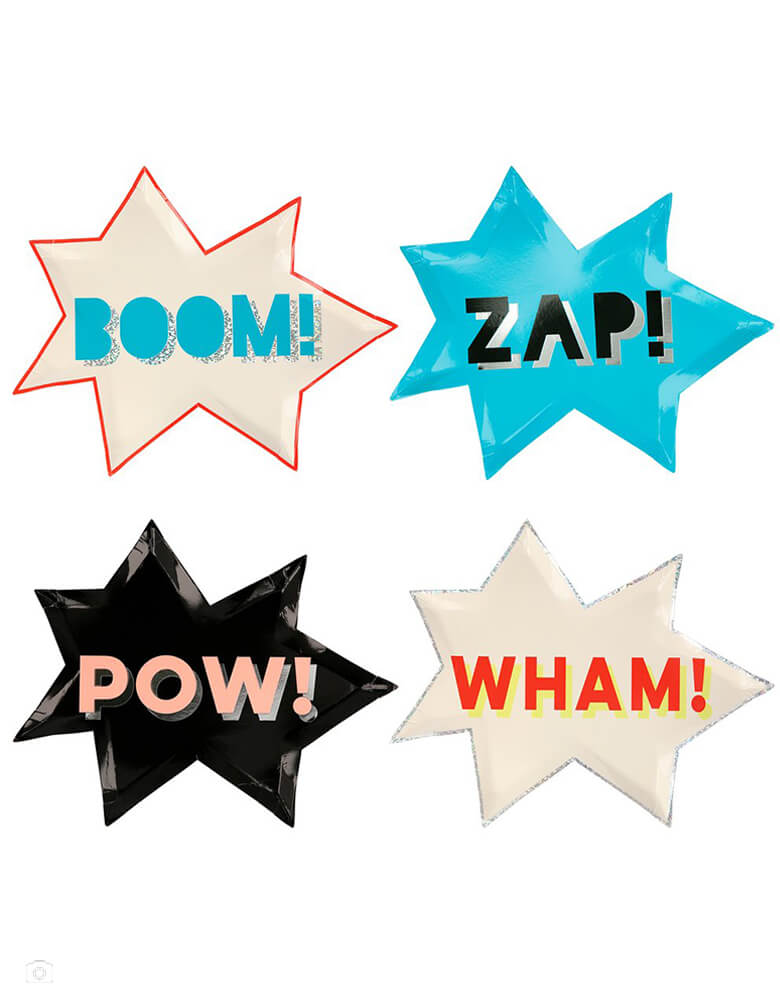 Meri Meri Superhero Plates. Crafted from high quality card, perfect to pile high with superhero foods. These comic word shaped plates, featuring 4 design in the design of 'Zap!', 'Wham!', 'Pow!' and 'Boom!' words in the bold neon color plates with Shiny silver foil and sparkly silver holographic details these modern designed party supplies are perfect for kids superhero themed birthday party.