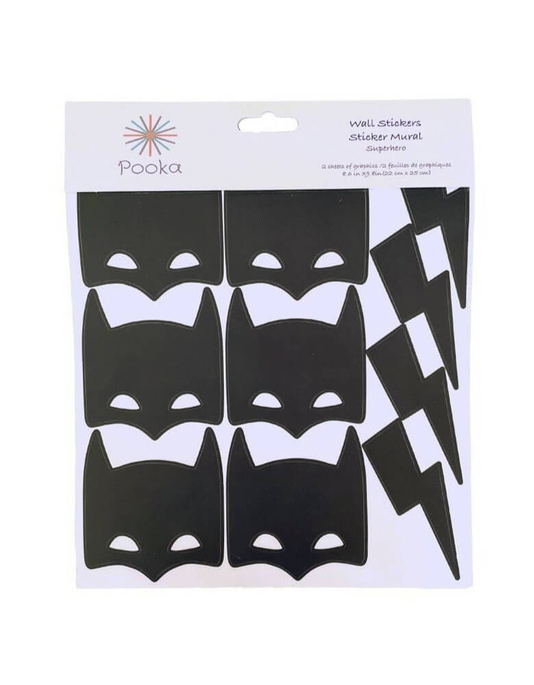 Pooka Party - Superhero Reusable Wall Decal in the clear bag package. Features vinyl decals with black superhero masks and lightning bolts designs, they will make your party décor the most powerful! These can be easily applied or removed, leaving no residue to your walls. It can be reused in your kid's room or playroom, so the magic stays beyond the party day! Create a stunning display by applying them on the wall behind the cake table together with one of our balloon garlands.