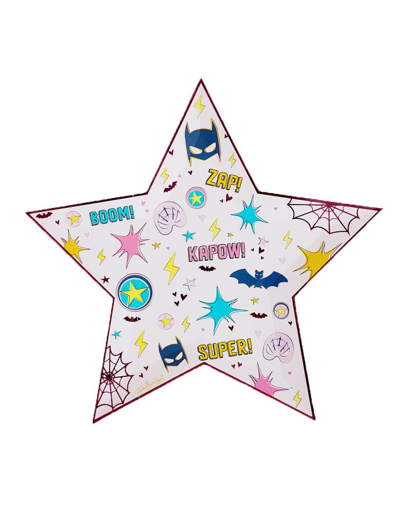 Great Pretenders- Superhero Star Plates. Feartung fun illustrations with superhero elements like Comic Superhero Word Cutouts like Zap! Bang! KaPow! Super!, superhero masks, lighting blow, and stars in bold colors and rose gold foil-pressed elements and edge, these star plates have superpowers, prefect for a girl's superhero themed birthday, girl power themed party!