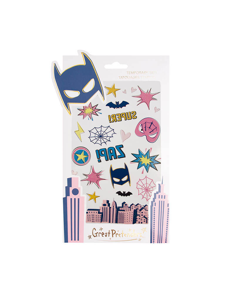 Great Pretenders - Superhero Star Temporary Tattoos. This set of temporary tattoos includes bats, spiders, and superhero emblems made with a glitter finish to reflect beautifully on the skin! It makes great party favor for your super girl's guests!