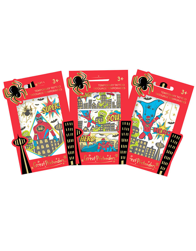 Momo Party Superhero Temporary Tattoo Assortment by Great Pretenders. Set of 3. Each pack comes with an assortment of three designs, making them the perfect accessory for any young hero!