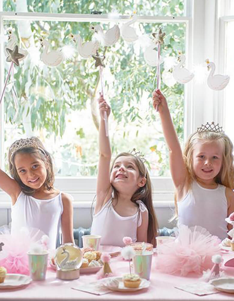 girls in the princess party wearing Tiara and holding Pink Gold star Wand 