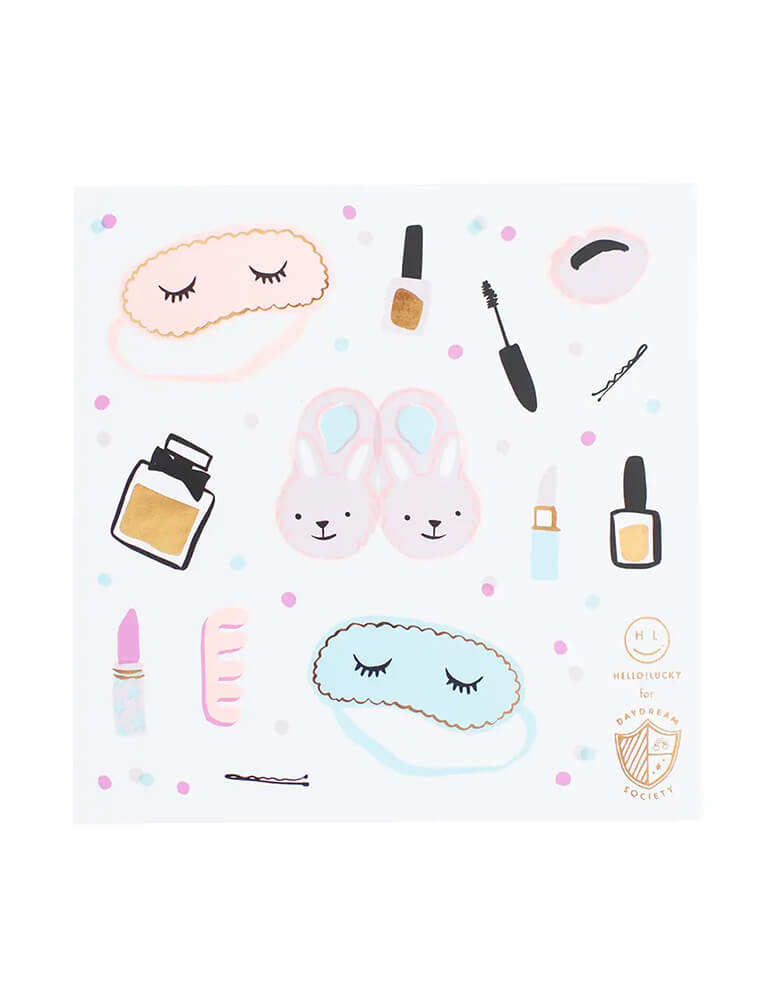 Momo Party's Sweet Dreams Slumber Party Sticker set by Daydream Society. Each pack comes in 4 sticker sheets with different designs of sleepover party elements including nail polish bottles, eye masks, lip sticks, slippers, etc. in soft pastel colors. They make perfect party activities for girls sleepover pajama party.