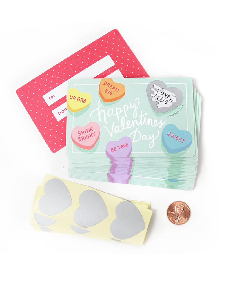 inklings Paperie Sweetheart Valentines Scratch-off card Set, which include 18 Happy valentine day's card with conversation hearts print around, one heart on the right top corner with blank space for you to write your own special message. on the back of the card with To and From for you to write down the names, also come with scratch-off stickers for cover the special notes, for scratch off to reveal your valentine.