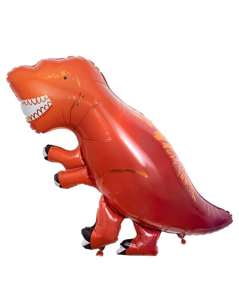 Meri Meri T-REX Foil Balloon. It features copper foil detail and a neon cord for easy display. Let this terrific T-Rex shiny foil balloon be an amazing decoration at your party. It is perfect for a dinosaur party, or to simply add a Jurassic touch to any party theme.
