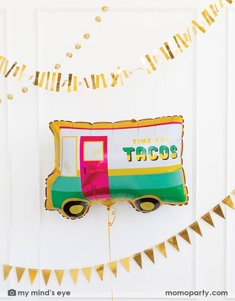 Momo Party's 24 x 17 inches taco truck shaped foil balloon by My Mind's Eye. Bring some fun to your fiesta, Cinco de Mayo celebration or Taco TWOsday themed party with this large taco truck shaped foil mylar balloon! This balloon includes a self-sealing valve, preventing the gas from escaping after it's inflated. The balloon can be inflated with helium to float or with a balloon air inflator. 