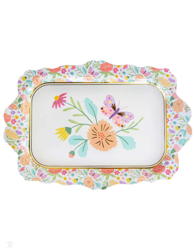 Momo Party's Tea Party Paper Trays by Ma Fête. Featuring a Die cut shape design with floral and golden detailing. Offer tea and cake to guests on the colorful serving tray in your kids' Tea Party Celebration, Butterfly themed party, Fairy themed birthday party or any Girls party 