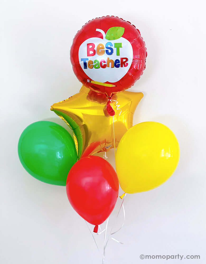 Teacher's Appreciation balloon bouquet mixed with Anagram Best Teacher Apple Foil Balloon, Gold star foil balloon, lime, yellow and red latex balloons.