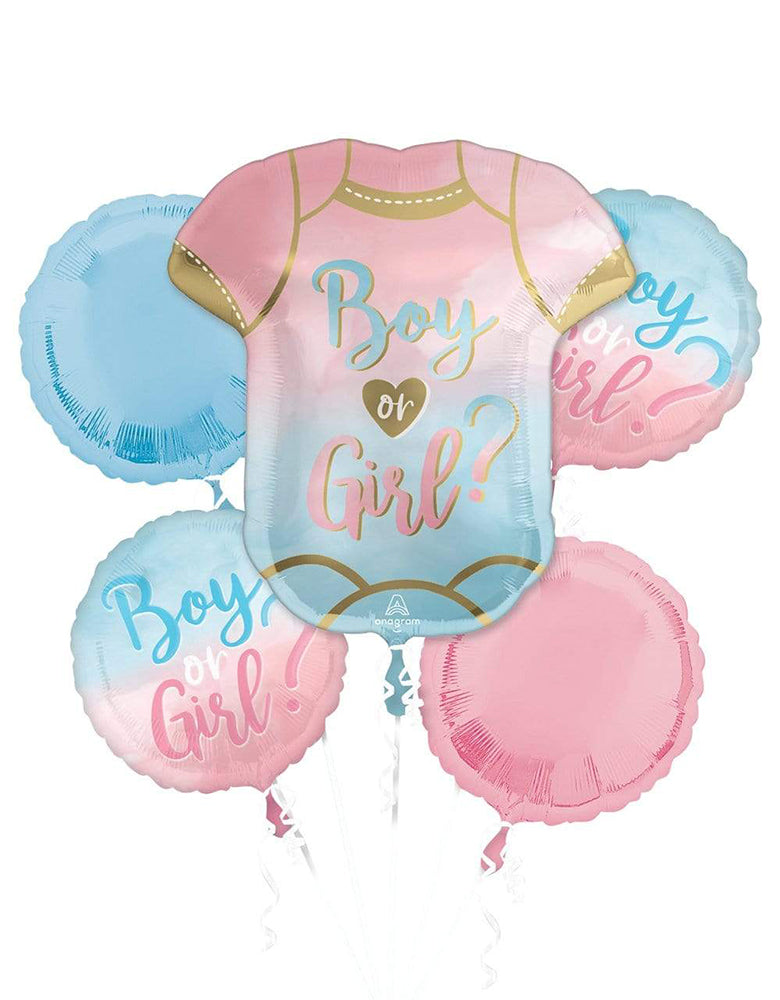 Anagram Balloons - The Big Reveal Foil Balloon Bouquet. This Gender Reveal theme balloons bouquet featuring 5 balloons in a pack. There are one baby onesie Supershape Jumbo foil balloon with "Boy or Girl?" text on it,  two 18" Round shape printed foil balloons with "boy or Girl?" text over a blue pink gradient  color. one 18" Round shape blue foil balloons and  one 18" Round shape pink foil balloons. Perfect for a Gender Reveal party 