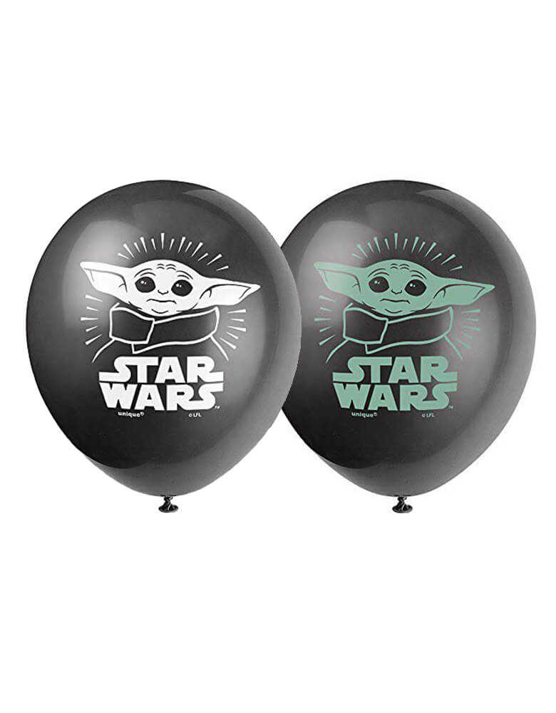 Unique Industries - The Child Baby Yoda Latex Balloon Mix. These balloons feature the Star Wars character formally named The Child but more commonly referred to as Baby Yoda. Balloons are black and have white print and lime green print. These Baby Yoda balloons are perfect for a Star Wars birthday party. For a birthday that is out of this world, combine these balloons with the rest of our Star war themed party supplies.