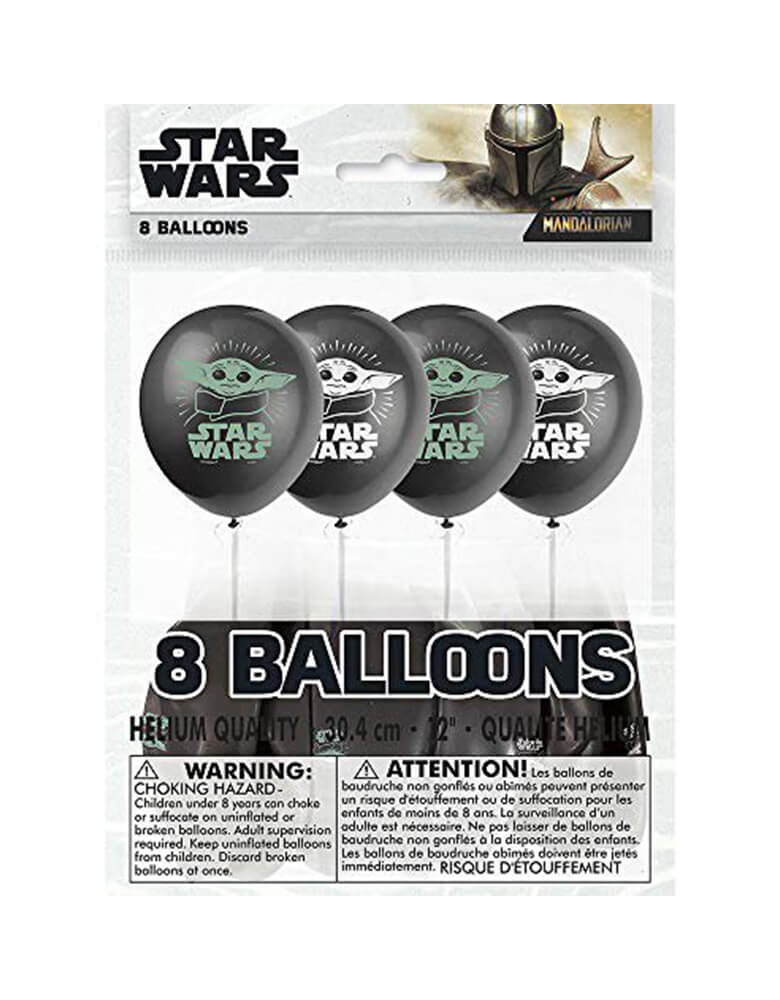 Unique Industries - The Child Baby Yoda Latex Balloon Mix in the clear bag package. These balloons feature the Star Wars character formally named The Child but more commonly referred to as Baby Yoda. Balloons are black and have white print and lime green print. These Baby Yoda balloons are perfect for a Star Wars birthday party. For a birthday that is out of this world, combine these balloons with the rest of our Star war themed party supplies.