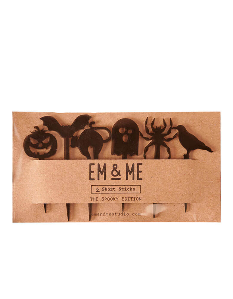 EM & ME - The Spooky Edition Short Sticks - Black (Set of 6). Featuring acrylic sticks of jack-o-lantern, cat, crow, spider, bat and ghost shapes in black, these spooky short sticks are ideal for appetizer skewers, drink picks or cupcake toppers. They're made with acrylic plastic and are reusable.