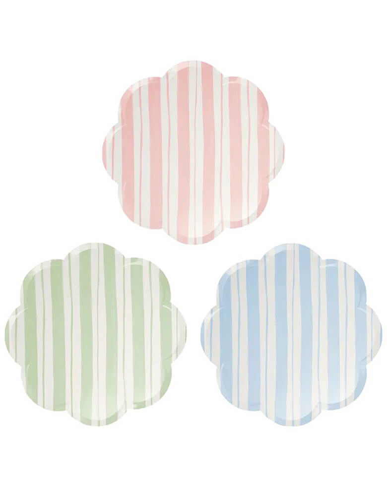 Momo Party's 8.5 x 8.5 inches ticking stripe side plates by Meri Meri, comes in a set of 8 in 3 colors of  dusty pink, blue and dusty mint, these plates are reminiscent of sun loungers, perfect to add a summery feel to any party. Not only are they practical, but they are an effective way to decorate your table too.