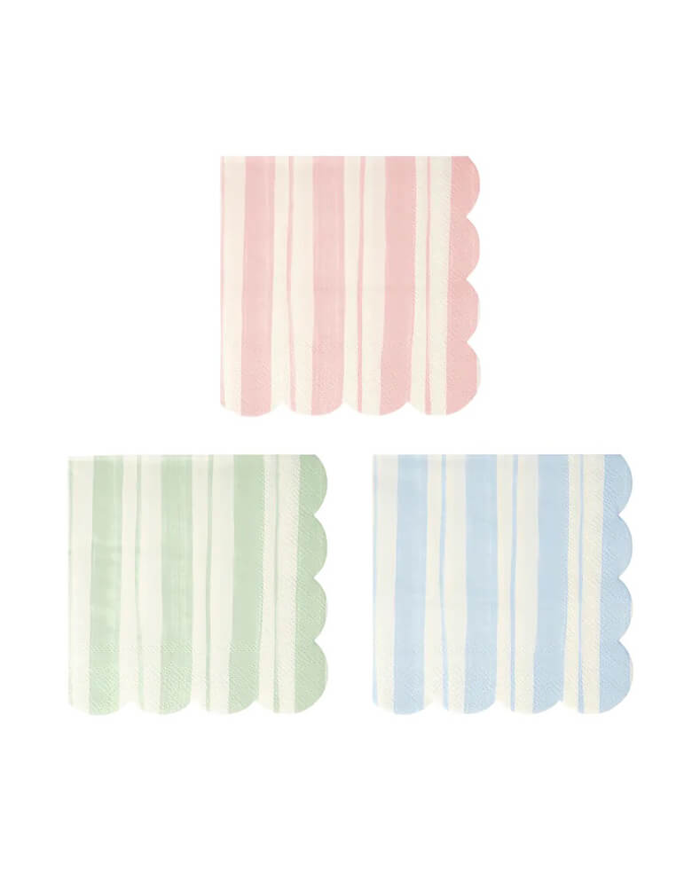 Momo Party's 6.5" x 6.5" ticking stripe large napkins by Meri Meri, comes in a set of 16 napkins in 3 colors of dusty pink, blue and dusty mint, these gorgeous large paper napkins are reminiscent of sun loungers, perfect to add a summery feel to any party. Not only are they practical, but they are an effective way to decorate your table too.