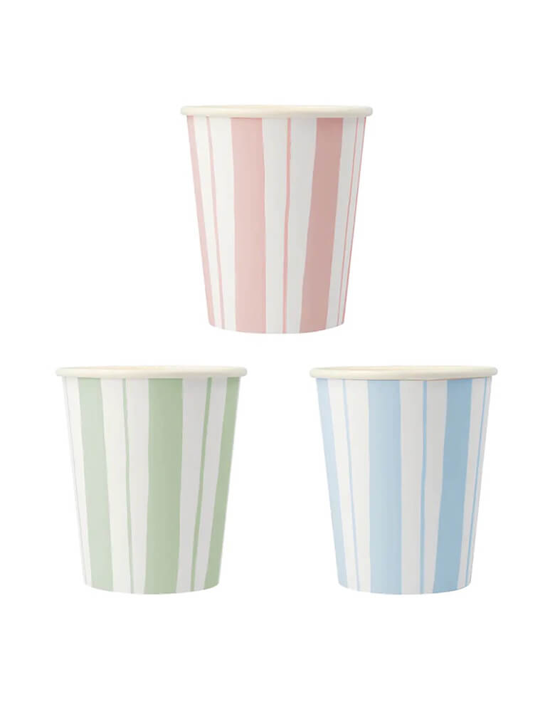 Momo Party's 9oz ticking stripe party cups by Meri Meri, come in a set of 8 cups in 3 colors of dusty pink, blue and dusty mint, these party cups are reminiscent of sun loungers, perfect to add a summery feel to any party. Not only are they practical, but they are an effective way to decorate your table too.