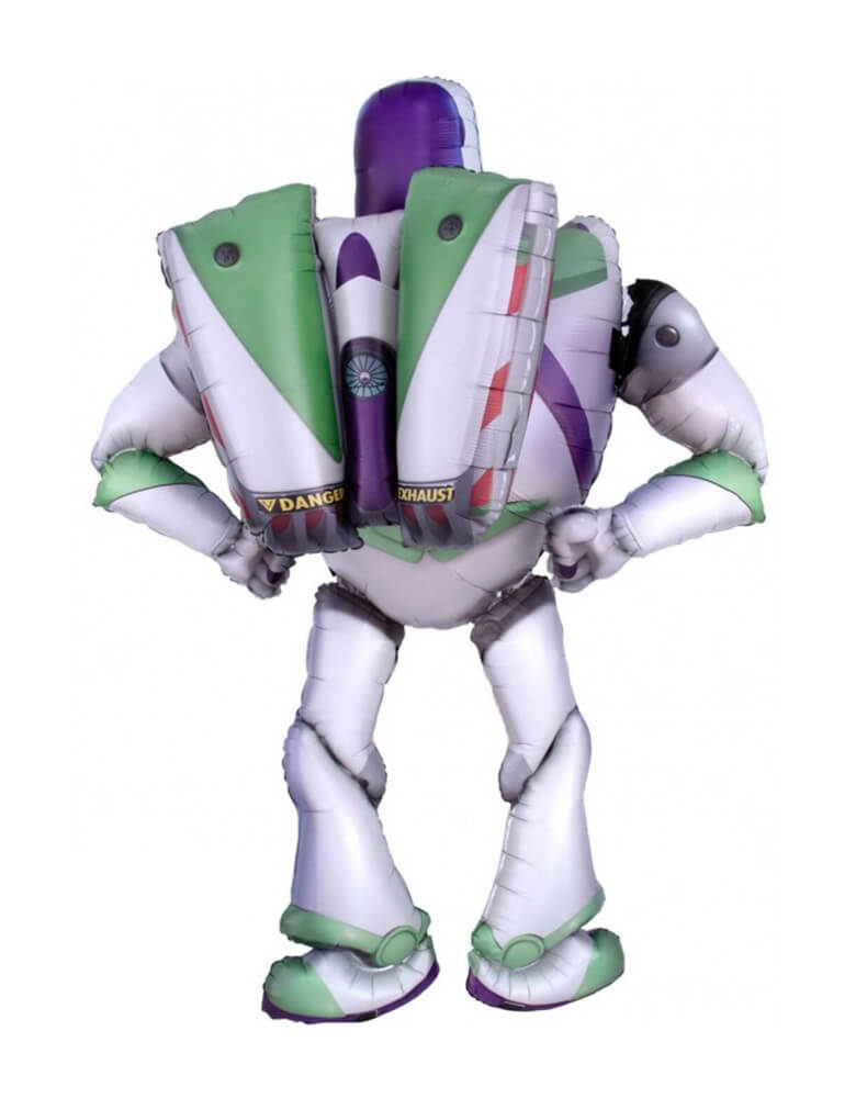 The back of Anagram Balloons 3D 62" Toy Story 4 Buzz Lightyear Airwalker Foil Balloon in in an up-right stance looking ready for a space adventure.