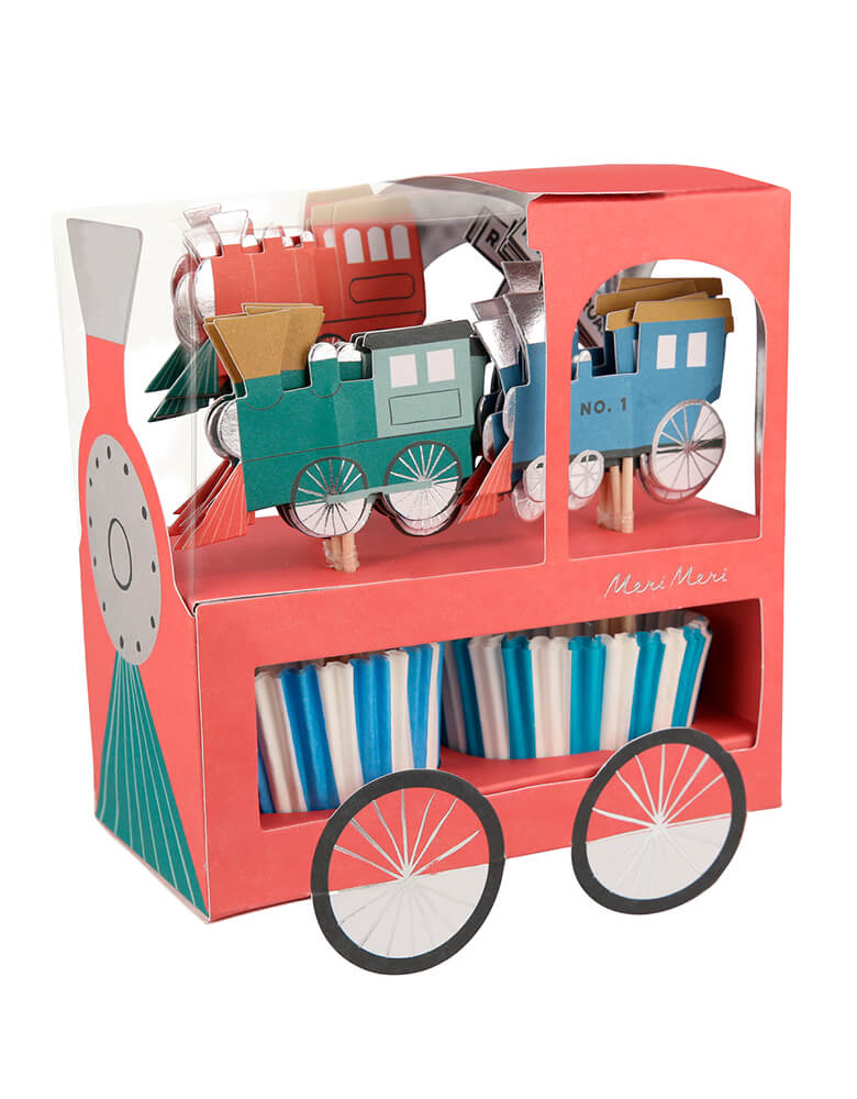 Train Cupcake Kit by Meri Meri. Featuring Toppers include trains and signal designs with Blue and teal striped cupcake cases, in a train-shaped gift package. They are the perfect way to transform cupcakes into amazing treats for a train themed party.