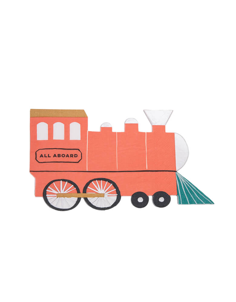 Meri Meri's red train shaped napkin, crafted in 3-ply paper with silver foil in a vintage train design and look with "ALL ABOARD" written on the side, perfect for kid's train themed celebration or a chugga chugga two two themed 2nd birthday party.