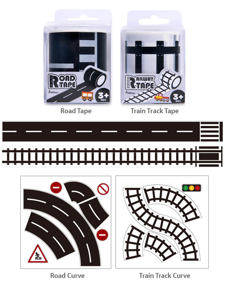 Mideer Railway Train Track Tape, and Road Tape with Road Curve and Train Track Curve