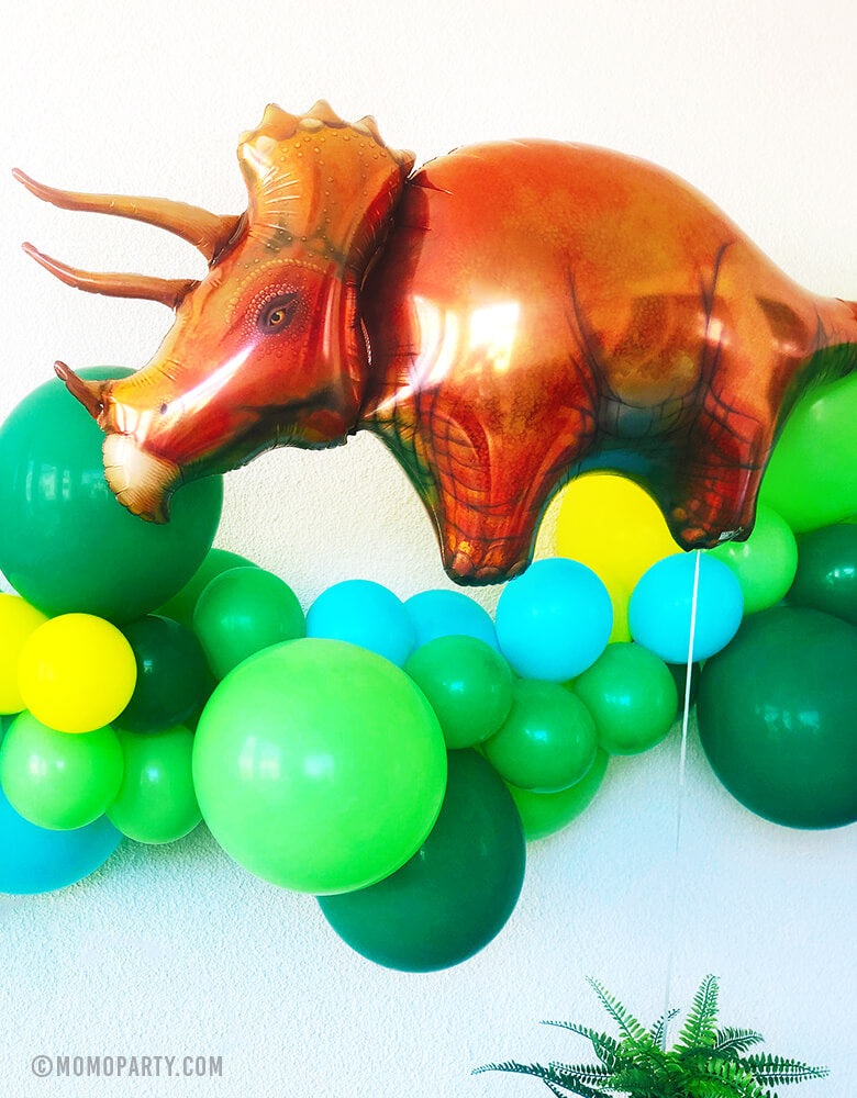Triceratops Mylar Balloon with Green Balloon Garland