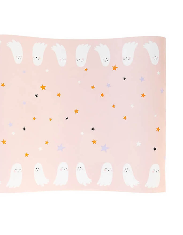 My Mind's Eye Pink Trick or treat table runner featuring adorable ghost illustrations and stars, perfect for a pink Halloween with little ghouls!