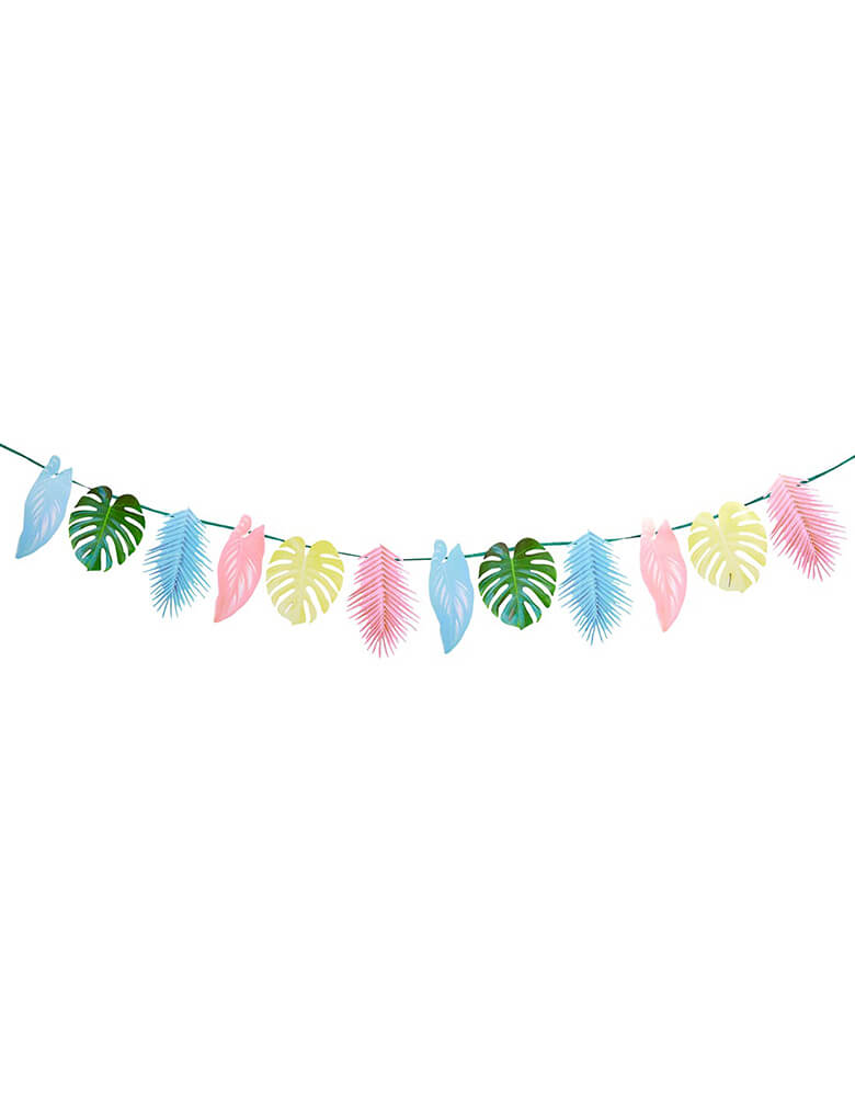 Talking Tables - Tropical Palm Pastel Leaf Garland. This party decoration features 12 palm leaves in pretty pastel colours. This garland is double-sided, simply hang on the wall, in the garden or across the ceiling to create a tropical atmosphere that your guests will love! Perfect for a tropical themed birthday party, fiesta or summer garden party