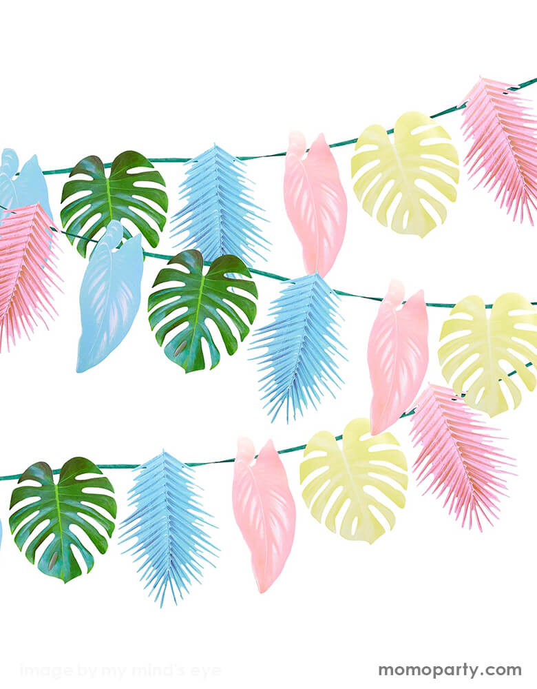 Talking Tables - Tropical Palm Pastel Leaf Garland, Features 12 palm leaves in pretty pastel colours. This garland is double-sided, simply hang on the wall, in the garden or across the ceiling to create a tropical atmosphere that your guests will love! Perfect for a tropical themed birthday party, fiesta or summer garden party