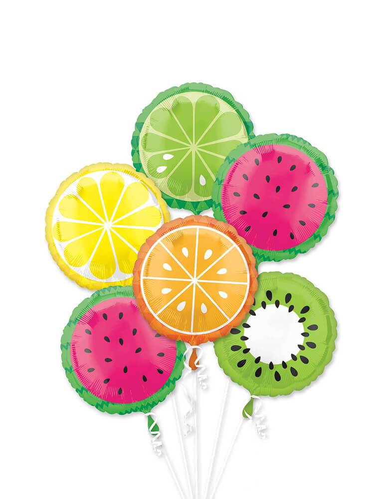 Anagram Summer Time Tropical Fruit Foil Balloon Bouquet with 6pc Balloon Pack of Watermelon, Kiwi, Lemon and Lime Balloons