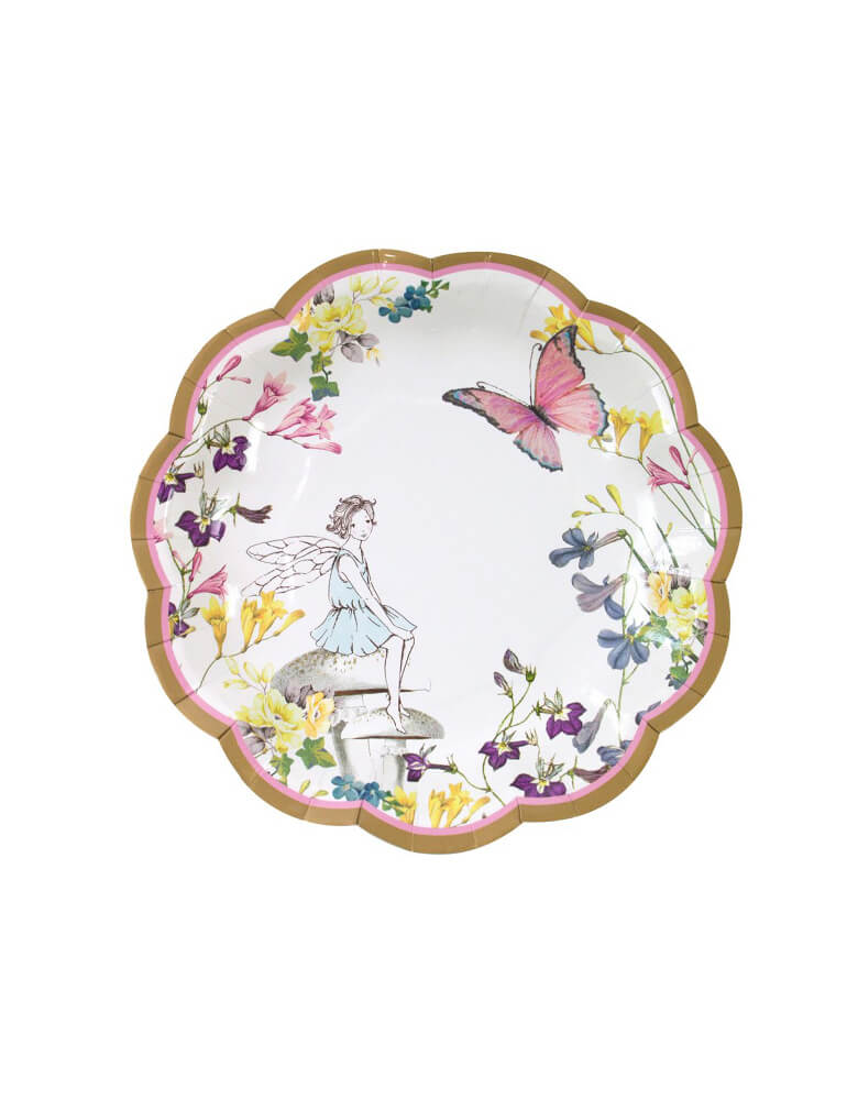 Talking Tables - Truly Fairy Scallop Edge Plates. Featuring a pretty setting with a friendly fairy, butterflies and delicate flowers,  these plates are perfect for a birthday party fit for a birthday fairy!